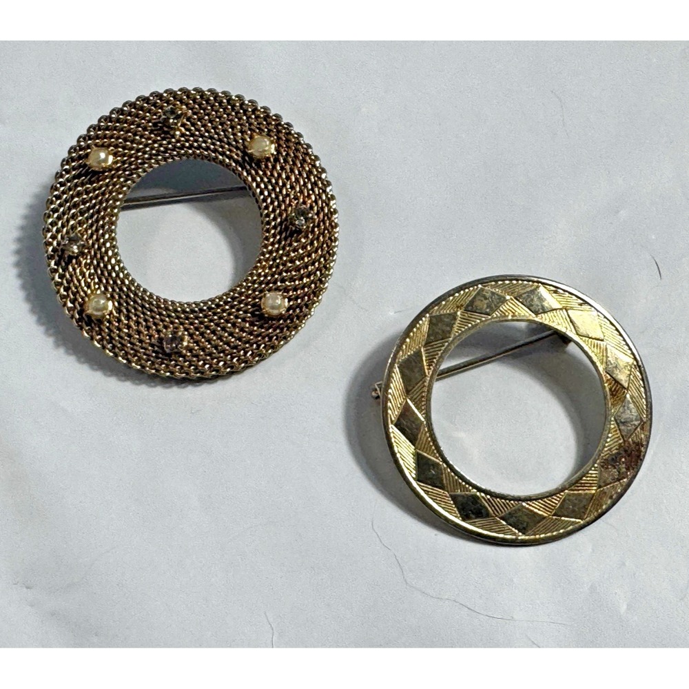 Vintage Gold Tone Circle Brooch Set Mesh Faux Pearl Rhinestone Etched Harlequin
